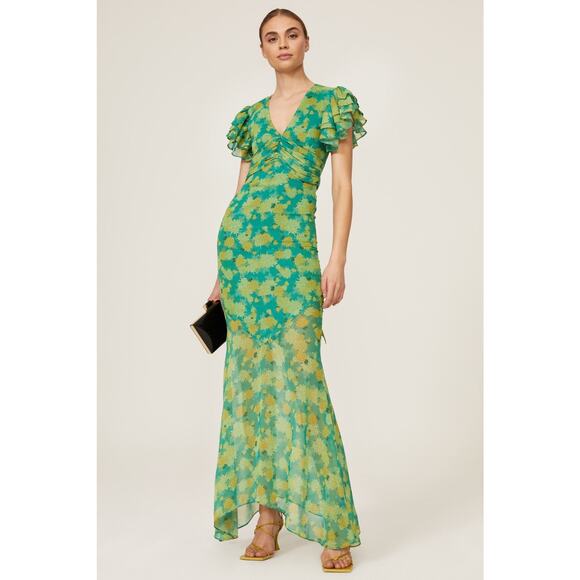 De La Vali Palmera Green Floral Short Sleeve V-Neck Maxi Dress Size 8 Tall - Picture 1 of 16